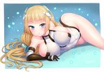  angela_balzac aqua_background arm_support armpits artist_name ass bangs bare_shoulders black_gloves blonde_hair blue_background blue_eyes blunt_bangs blush breasts bursting_breasts closed_mouth collarbone covered_collarbone covered_navel cowboy_shot doyouwantto elbow_gloves eyebrows_visible_through_hair gloves gradient gradient_background groin hair_spread_out halterneck headgear highleg highleg_leotard hime_cut large_breasts leotard light_smile long_hair looking_at_viewer low-tied_long_hair low_twintails lying on_side outside_border pilot_suit rakuen_tsuihou shadow shiny shiny_clothes shiny_skin sideboob signature skin_tight skindentation smile solo thigh_strap turtleneck twintails very_long_hair white_leotard 