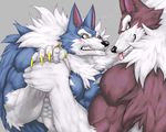  2017 anthro biceps big_muscles blue_fur blush brown_fur canine claws clenched_teeth darkstalkers digital_media_(artwork) duo eye_contact fangs flakjacket0204 fur grey_background inminent_sex jon_talbain long_claws male male/male mammal multicolored_fur muscular muscular_male pecs sharp_claws simple_background sweat teeth tongue tongue_out two_tone_fur video_games were werewolf white_fur wolf 
