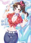  :3 alternate_costume bangle belt blue_pants bow bracelet breasts brown_eyes brown_hair buttons character_name choker cleavage collarbone collared_shirt cowboy_shot cruiser_d.va d.va_(overwatch) earrings emblem facepaint facial_mark fang_out front-tie_top hair_tousle hairband hand_in_hair head_scarf headphones highres hoop_earrings index_finger_raised jewelry large_breasts long_hair looking_at_viewer mecha meka_(overwatch) midriff navel no_bra overwatch pants pink_ribbon plaid plaid_shirt ponytail red_shirt ribbon shirt short_sleeves simple_background smile solo thigh_gap tight tight_pants twitter_username ubi_(ekdus6080) unbuttoned unbuttoned_shirt unmoving_pattern whisker_markings white_background white_bow white_choker 