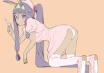  absurdres alternate_costume animal_ears ass commentary dark_skin donguri_suzume facial_mark fate/grand_order fate_(series) grin hairband high_ponytail highres jackal_ears long_hair looking_at_viewer nail_polish nitocris_(fate/grand_order) nurse panties pantyshot purple_eyes purple_hair smile solo syringe thighhighs underwear very_long_hair 