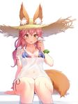  animal_ears arm_at_side bangs bare_arms bare_legs bare_shoulders bikini bikini_under_clothes blue_bikini bracelet breasts brown_eyes brown_hat cleavage collarbone ears_through_headwear eyebrows_visible_through_hair fate/extra fate_(series) food foreshortening fox_ears fox_tail hair_tie hat highres holding holding_food ice_cream ice_cream_cone jewelry long_hair looking_at_viewer low-tied_long_hair low_ponytail medium_breasts melting narynn navel orange_ribbon pink_hair ribbon see-through shiny shiny_skin shirt short_sleeves side-tie_bikini simple_background soaking_feet solo straw_hat string_bikini sun_hat swimsuit tail tamamo_(fate)_(all) tamamo_no_mae_(fate) tamamo_no_mae_(swimsuit_lancer)_(fate) tsurime water water_drop wet wet_clothes wet_shirt white_background white_shirt 