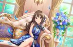  artist_request bangs bare_shoulders blue_dress blue_flower blue_rose bouquet brown_hair couch crossed_legs curtains dress earrings eternal_bloom_(idolmaster) feathers flower gloves green_eyes hair_ornament idolmaster idolmaster_cinderella_girls idolmaster_cinderella_girls_starlight_stage jewelry lace long_hair looking_at_viewer necklace official_art parted_lips pillow ribbon rose shibuya_rin sitting sleeveless sleeveless_dress window 
