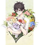  amamiya_ren black_hair flower glasses male_focus persona persona_5 rose smile solo watch yue 