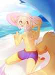  5_fingers anthro blonde_hair canine day dog hair hat male mammal nipples open_mouth orange_eyes outside pawpads pink_nose rikitoka sky solo water 