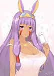  :o animal_ears bangs blush breasts cleavage collarbone dark_skin dated earrings eyebrows_visible_through_hair facepaint fate/grand_order fate_(series) food hair_tubes headband hoop_earrings jackal_ears jewelry kuavera large_breasts long_hair looking_at_viewer medjed necklace nitocris_(fate/grand_order) popsicle purple_eyes purple_hair sidelocks signature strap_slip very_long_hair white_tank_top 