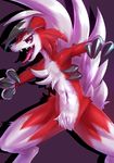  2016 anthro anthrofied black_nose claws female fur lycanroc midnight_lycanroc navel nintendo open_mouth pok&eacute;mon purple_background purple_eyes red_fur simple_background solo spread_legs spreading standing tongue tongue_out video_games white_fur ほっぴんぐ 