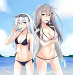  arm_behind_back bikini blue_eyes blush breasts cloud crossed_arms cyka day eyewear_on_head gangut_(kantai_collection) grey_hair hammer_and_sickle hibiki_(kantai_collection) highres jacket kantai_collection large_breasts long_hair looking_at_viewer military military_jacket military_uniform multiple_girls navel older open_clothes open_jacket orange_eyes outdoors pipe pipe_in_mouth remodel_(kantai_collection) scar side-tie_bikini silver_hair sky small_breasts smile strap_gap sunglasses swimsuit uniform verniy_(kantai_collection) 