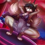  2017 4_toes anthro armpits black_hair black_nose breasts canine clitoris clothed clothing detailed_background female fox green_eyes hair mammal nipples pole pussy smile solo spread_legs spreading toes translucent transparent_clothing tril-mizzrim 