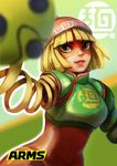  arms_(game) bangs beanie blonde_hair chinese_clothes facepaint green_eyes hat highres logo looking_at_viewer mask megawatt_(arms) min_min_(arms) short_hair smile solo 