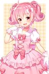  :d back_bow bow choker cowboy_shot curly_hair daisy_(flower_knight_girl) dress flower_knight_girl frills gloves hair_bow looking_at_viewer open_mouth pink_bow pink_choker pink_dress pink_hair plaid plaid_background puffy_short_sleeves puffy_sleeves short_hair short_sleeves short_twintails shouni_(sato3) smile solo twintails white_bow white_gloves yellow_background yellow_eyes 