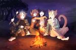  anthro barefoot blonde_hair blue_hair breasts canine cat clothed clothing day detailed_background dog feline female fire grey_hair group hair male mammal outside rikitoka sky smile 
