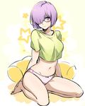  bow bow_panties breasts commentary_request cushion fate/grand_order fate_(series) glasses green_shirt hair_over_one_eye highres looking_at_viewer mash_kyrielight medium_breasts midriff navel no_pants panties pink_panties purple_eyes purple_hair shimo_(s_kaminaka) shirt simple_background sitting solo star tank_top underwear wariza white_background white_panties 