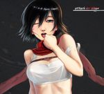  akai_yami artist_name black_hair blue_eyes breasts commentary_request copyright_name facial_scar highres looking_at_viewer medium_breasts mikasa_ackerman one_eye_closed open_mouth saliva scar scar_on_cheek scarf shingeki_no_kyojin short_hair solo tears 