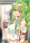  bangs bare_arms bare_shoulders breasts c.c. code_geass coffee_cup creayus cup disposable_cup eyebrows_visible_through_hair eyewear_on_head food food_on_face giving green_hair hair_between_eyes ice_cream ice_cream_cone long_hair looking_at_viewer medium_breasts ponytail sleeveless solo sunglasses upper_body yellow_eyes 