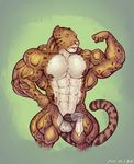  2013 abs anthro areola balls benji_(character) clouded_leopard condom cum ear_piercing eyes_closed feline filled_condom flexing hyper hyper_muscles mainlion male mammal markings muscular muscular_male nipples nude pecs penis piercing simple_background solo tattoo thick_thighs tongue tongue_out 