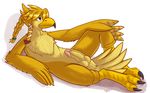  2017 absurd_res alternate_species anthro avian balls beak bird blue_eyes braided_hair breath_of_the_wild feathers furrification hair hi_res humanoid_penis link lying male nintendo nude on_back penis rito simple_background smile solo talons the_coast_is_near the_legend_of_zelda two_tone_body video_games white_background 