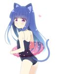  :&lt; animal_ears ass bangs bare_shoulders blue_hair blunt_bangs blush cat_ears cat_tail competition_school_swimsuit from_behind furude_rika gaou heart higurashi_no_naku_koro_ni innertube long_hair looking_at_viewer one-piece_swimsuit purple_eyes school_swimsuit solo swimsuit tail tail_through_clothes white_background 