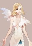  alternate_costume arms_at_sides artist_name asymmetrical_clothes bangs bare_arms bare_shoulders blonde_hair breasts cleavage collarbone cowboy_shot dated dress evening_gown lace lips looking_away looking_to_the_side mechanical_wings medium_breasts mercy_(overwatch) overwatch pink_lips psd short_hair signature single_strap single_wing sleeveless sleeveless_dress smile solo standing swept_bangs white_dress wings 