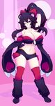  2015 animal_humanoid bear bear_humanoid breasts claws cleavage clothed clothing cranky-chan crankyconstruct female hair_bow hair_ribbon hands_behind_head humanoid looking_at_viewer mammal midriff navel one_eye_closed purple_eyes raised_arm ribbons shorts skimpy smile solo standing 