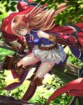  apple arisa_(shadowverse) arrow belt blonde_hair blue_shirt boots bow bow_(weapon) brown_footwear cape closed_mouth commentary_request elbow_gloves eyebrows_visible_through_hair food frilled_shirt frills fruit gloves green_eyes hair_between_eyes hair_ribbon highres in_tree knee_boots long_hair pointy_ears ribbon shadowverse shirt sitting sitting_in_tree skirt sleeveless sleeveless_shirt smile solo sword swordsouls tree tree_branch weapon 