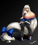  1girl bare_shoulders bell_collar between_breasts black_background blue_eyes breasts cleavage curvy full_body gigantic_breasts looking_at_viewer parted_lips pointy_ears ppangge silver_hair smile solo standing very_long_hair wide_hips 