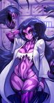  1girl absurdres blackmyst breasts cleavage curvy full_body_tattoo labcoat large_breasts lips living_hair midriff monster_girl mound_of_venus navel original purple_skin revealing_clothes smile thighhighs thighs waifu2x wide_hips yellow_eyes 