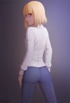  1girl ass blonde_hair brown_eyes from_behind looking_at_viewer midorikawa_hana pants prison_school shirt short_hair solo tight tight_pants zoryc 