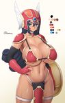  armor bikini_armor black_hair blue_eyes breasts cleavage collarbone color_guide cowboy_shot dragon_quest dragon_quest_iii elbow_gloves gloves gradient gradient_background hand_on_hip helmet huge_breasts long_hair looking_at_viewer navel no_panties onomeshin parted_lips pauldrons red_armor shield signature soldier_(dq3) solo thigh_strap toned winged_helmet 