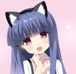  :d animal_ears bangs blue_hair blunt_bangs blush bow cat_ears commentary_request fake_animal_ears furude_rika gaou higurashi_no_naku_koro_ni long_hair looking_at_viewer open_mouth paw_print pink_background pink_bow purple_eyes smile solo upper_body 