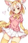  animal_ears ass_visible_through_thighs blonde_hair blush breasts brown_eyes cowboy_shot elbow_gloves eyebrows_visible_through_hair fennec_(kemono_friends) fox_ears fox_tail gloves heart highres kemono_friends long_hair looking_at_viewer medium_breasts multicolored_hair neck_ribbon pink_sweater pleated_skirt ribbon shiny shiny_skin short_sleeve_sweater simple_background skirt skirt_hold smile solo standing sweat sweater tail thighhighs unacchi_(nyusankin) white_background white_hair white_skirt yellow_gloves yellow_legwear yellow_ribbon zettai_ryouiki 