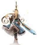  armor armored_boots blonde_hair blue_dress boots charlotta_fenia crown dress from_behind gauntlets granblue_fantasy harvin high_heels holding holding_sword holding_weapon i-la long_hair petals petticoat pointy_ears puffy_sleeves shadow shield solo sword very_long_hair walking weapon white_background 
