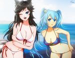  2girls ahri beach bikini blue_eyes blue_hair breasts cleavage esther fox_girl large_breasts league_of_legends looking_at_viewer multiple_girls sona_buvelle twintails 