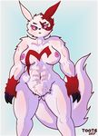  abs anthro anthrofied areola athletic black_nose breasts claws digital_media_(artwork) facial_markings female fur mana_schatz markings muscular muscular_female nintendo nude pok&eacute;mon pubes red_fur simple_background solo standing thick_thighs toot6 video_games white_fur wide_hips zangoose 