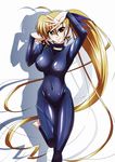  blonde_hair bodysuit breasts covered_navel covered_nipples highres large_breasts long_hair lyrical_nanoha mahou_shoujo_lyrical_nanoha_vivid navel older side_ponytail simple_background skin_tight smile solo tappa_(esperanza) vivio white_background 