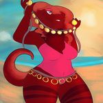  anthro beach camel_toe clothing female navel outside overweight reptile scalie seaside smile snake solo standing swimsuit thickick 