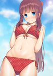  bangs bare_arms bare_shoulders bikini blue_eyes blunt_bangs blush bow breasts cameltoe cleavage cowboy_shot embarrassed from_below front-tie_top hair_bow hair_ornament hands_on_own_chest large_breasts long_hair looking_at_viewer mikazuchi_zeus mole mole_on_breast navel new_game! polka_dot polka_dot_bikini ponytail purple_hair red_bikini side-tie_bikini solo stomach swimsuit takimoto_hifumi thighs underboob very_long_hair wavy_mouth 