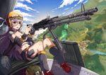  ace_of_clubs aircraft braid breasts choker cleavage dawn_(664387320) girls_frontline gun hair_between_eyes helicopter helmet lens_flare m60 m60_(girls_frontline) machine_gun medium_breasts short_shorts shorts silver_hair thigh_strap weapon yellow_eyes 