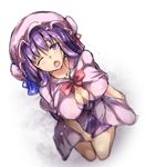  :o bangs blue_bow blurry bow breasts capelet cleavage depth_of_field from_above full_body hair_bow hat kneeling large_breasts long_hair looking_at_viewer mob_cap one_eye_closed ototobe patchouli_knowledge purple_eyes purple_hair red_bow simple_background sketch solo touhou 