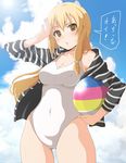  ball beachball blonde_hair breasts cleavage cloud cloudy_sky cookie_(touhou) covered_navel covered_nipples cowboy_shot day hand_on_head jacket kirisame_marisa long_hair looking_at_viewer marine_(46586031) medium_breasts one-piece_swimsuit open_mouth sky solo striped_jacket sun sweat swimsuit touhou translated uzuki_(cookie) white_swimsuit yellow_eyes 