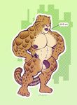  2014 abs anthro areola balls benji_(character) chibi clouded_leopard ear_piercing eyes_closed feline hyper hyper_muscles mainlion male mammal markings muscular muscular_male nipples nude open_mouth pecs penis piercing simple_background solo tattoo text thick_thighs 