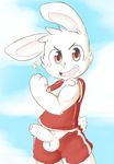  anthro balls clothing cloud erection flexing fur hair lagomorph long_ears male mammal muscular oob open_mouth outside penis pink_nose rabbit red_eyes simple_background smile solo teeth uncut white_fur white_hair 