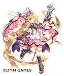  blonde_hair copyright_name detached_sleeves floral_print flower green_eyes hair_flower hair_ornament kamei_(oshiro_project) matoki_misa official_art oshiro_project oshiro_project_re polearm solo spear weapon white_background 