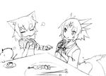  2girls animal_ears camel_(dansen) eating female food kyu_(creature) milia monochrome multiple_girls pudding puki_(creature) sachiho short_hair skewer 