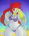  anthro bikini breasts camel_toe clothing collar female lagomorph looking_at_viewer mammal nipple_bulge open_mouth rabbit slightly_chubby smile solo standing swimsuit thickick 