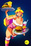  1girl bare_shoulders beer blonde_hair blue_eyes breasts cleavage dreddstar french_fries hamburger large_breasts long_hair looking_at_viewer milkshake one_eye_closed open_mouth princess_peach short_shorts smile solo tank_top waitress 