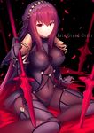  :o arm_support breasts bu_li covered_navel covered_nipples fate/grand_order fate_(series) long_hair looking_at_viewer medium_breasts petals polearm purple_eyes red_eyes scathach_(fate)_(all) scathach_(fate/grand_order) see-through sitting skin_tight solo spear veil weapon 