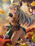  animal_ears ass axe black_gloves blush breasts claw_pose comic-z commentary_request dark_skin erune flower from_behind gloves granblue_fantasy green_eyes hair_flower hair_ornament kneeling long_hair looking_at_viewer medium_breasts nemone smile solo weapon 
