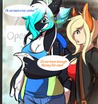  2017 animal_humanoid anthro big_breasts blonde_hair blue_eyes blue_hair breasts canine cetacean clothed clothing dialogue dragon english_text female fox fox_humanoid hair humanoid hybrid mammal marine multicolored_hair open_mouth orca penelope rainbowscreen simple_background text two_tone_hair whale wings yukira 