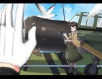  absurdres aircraft airplane b6n_tenzan binoculars bird boots brown_eyes brown_hair closed_eyes cloud day flight_deck full_body gloves hakama headphones highres holding japanese_clothes kantai_collection kasuga_maru_(kantai_collection) looking_at_viewer military military_vehicle ocean out_of_frame partly_fingerless_gloves pov pov_hands scarf ship short_hair sky smile solo_focus taiyou_(kantai_collection) warship watercraft wulazula yugake 