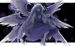  barefoot closed_eyes dress feathered_wings grey_hair highres kan_(aaaaari35) long_hair outstretched_arms purple_hair sariel solo touhou touhou_(pc-98) very_long_hair wings 